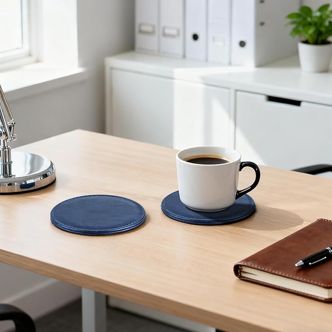 6 Pcs Premium Leather Coasters with Holder, Tabletop Protection, Coffee Table & Bar Decoration, Modern-Style Drink Coasters Suitable for Home Dining Tables & Kitchen Accessories (Blue)