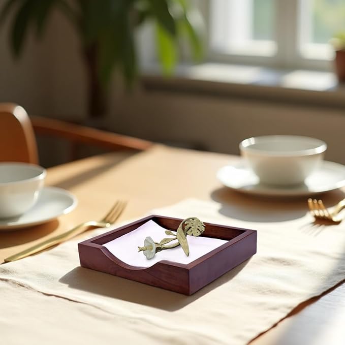 Napkin Holder - Solid Wood Brown Finish Home Decor & Kitchen Decor Table Countertop Serviette & Tissue Holder with Metal Ornament Arm in Silver Gold Finish - Indoor and Outdoor Use - Floral Design