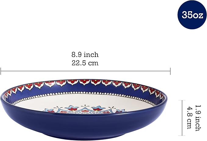 Bico Boho Totem Pasta Bowls, 35oz Salad Bowl Set of 4, Large Ceramic Serving Dinner Bowls for Soup and Cereal, Microwave and Dishwasher Safe, Gift for Housewarming and Thanksgiving