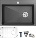 24x18x9 Inch Drop in Kitchen Sink, Handmade 304 Black Stainless Steel Single Bowl, Centre-Offset Drain, R10 Tight Corner, Topmount Kitchen Sink with Strainer & Bottom Grid