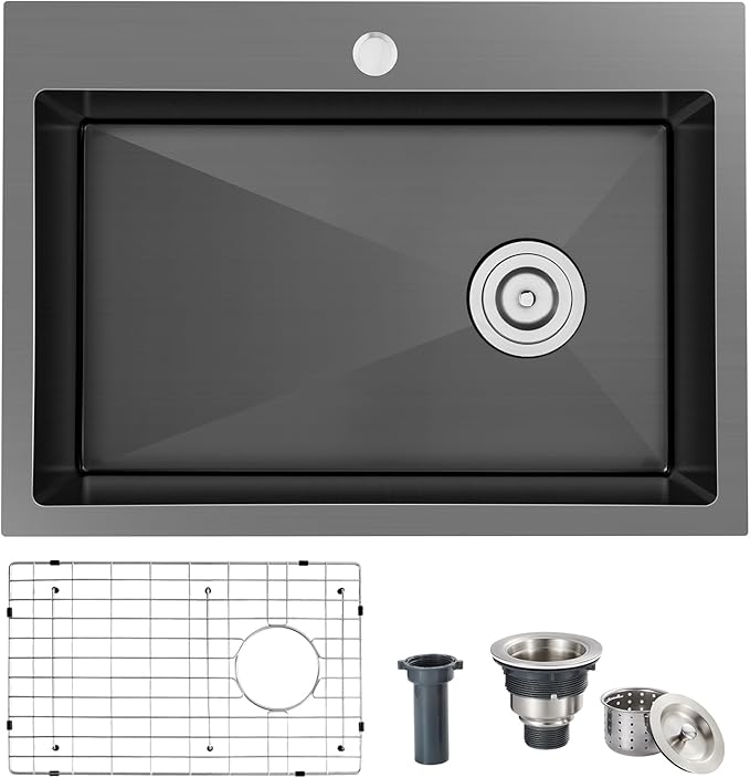 24x18x9 Inch Drop in Kitchen Sink, Handmade 304 Black Stainless Steel Single Bowl, Centre-Offset Drain, R10 Tight Corner, Topmount Kitchen Sink with Strainer & Bottom Grid