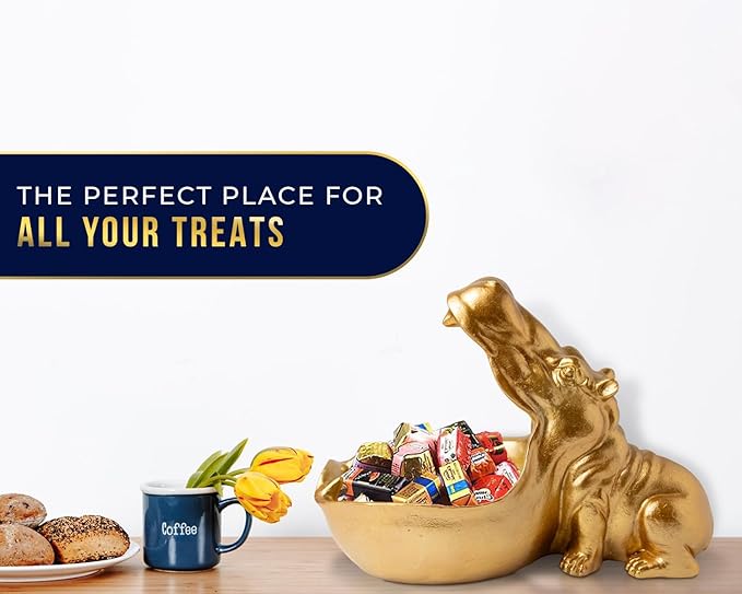 Comfify Hip Hippo Resin Figurine – Funky Hippopotamus Sculpture with Open Bowl Design for Snacks, Keys, or Trinkets – Decorative Holder with Elegant Golden Finish – Playful Accent for Modern Decor