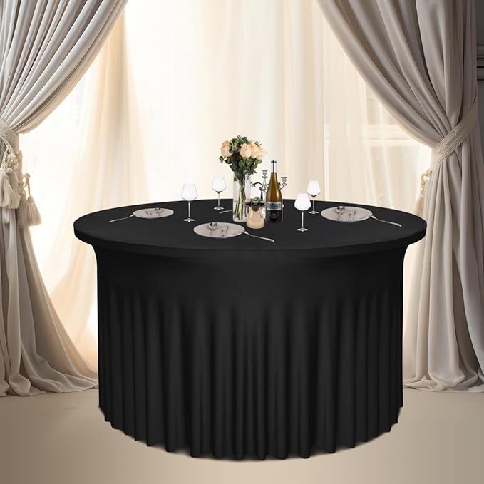 6 Pack 48" Diameter x 30" Height Black Table Skirt | Fits 4FT Round Tables | Polyester Spandex Cloths With Skirt | Stain, Wrinkle Resistant for Wedding, Party, Dining, Banquet