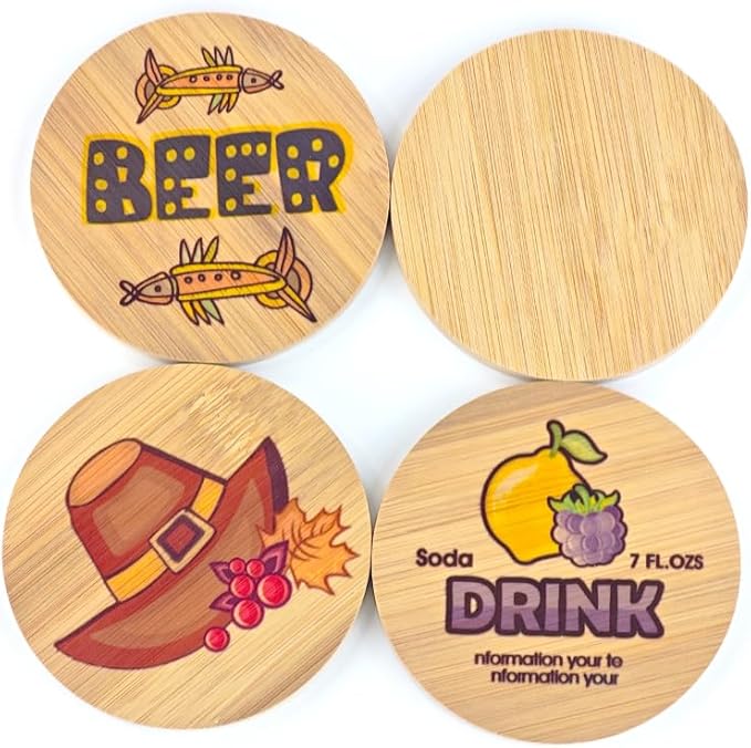 Sublimation Wood Coasters Blanks 4 Pack with Holder Bamboo Round Square Cup Coaster Mats for Sublimation Transfer Heat Press Printing DIY Crafts (Round)