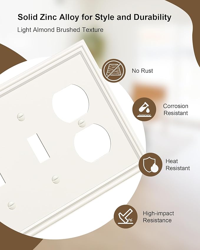 2-Pack Combo Double Toggle/Single Duplex Outlet Covers, Durable Zinc Alloy Decorative Switch Plate Covers, Light Almond 4 Gang Switch Plates, Corrosion Resistant