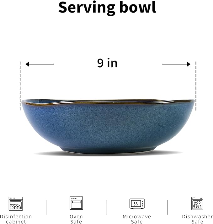 Organic Shape Highland Ceramic Serving Bowl, 12pcs 9 Inch Handmade Reactive Glaze Stoneware 40oz Bowl with Wavy Edge, for Kitchen, Microwave & Dishwasher Safe, Scratch Resistant-Blue