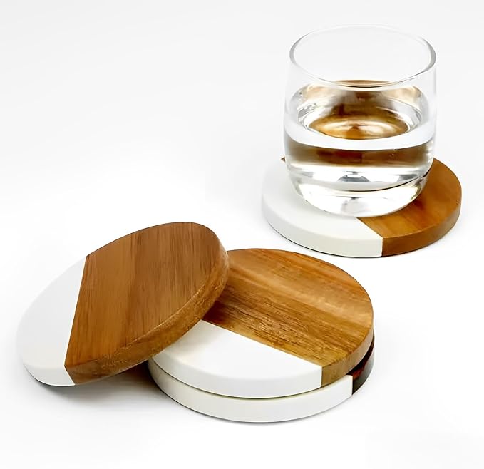 I-LAN 8Packs Round Natural Wood and Marble Style Drink Coasters for Coffee Wooden Table, Drink Bar Coaster Set/Tea Table Coasters for Living Room,Beer Cans,Bar Glasses,4 x 4 Inch