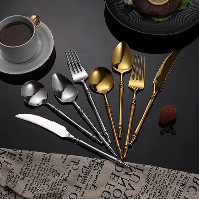 Gold Silverware Set for 12 Premium 18/10 Stainless Steel Flatware Set 48 Piece Include Knives Forks and Spoons Cutlery Utensils Light Luxury Vintage Style for Home Kitchen Christmas Restaurant