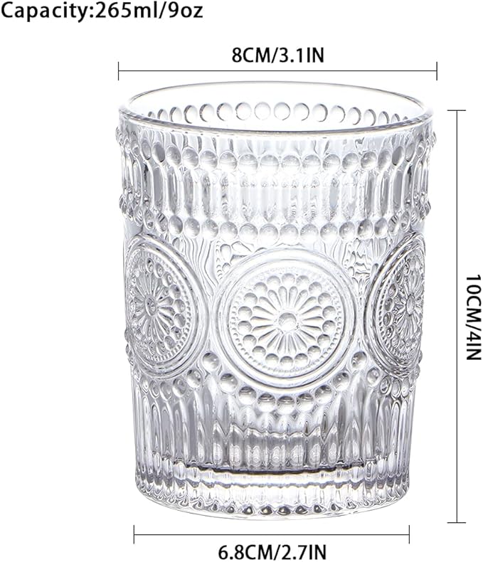 MDLUU 6-Pack Embossed Drinking Glasses, Romantic Glassware, Vintage Glass Tumblers for Juice, Beverages, Cocktail, Capacity 9oz/265ml