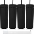 Volhoply 20oz Plastic Skinny Tumblers Bulk 4 Pack,Double Wall Tumbler with Lid and Straw,Reusable Travel Iced Coffee Mug,BPA Free Matte Acrylic Water Cups With Straw for Party,DIY Gifts(Black,4 Set)