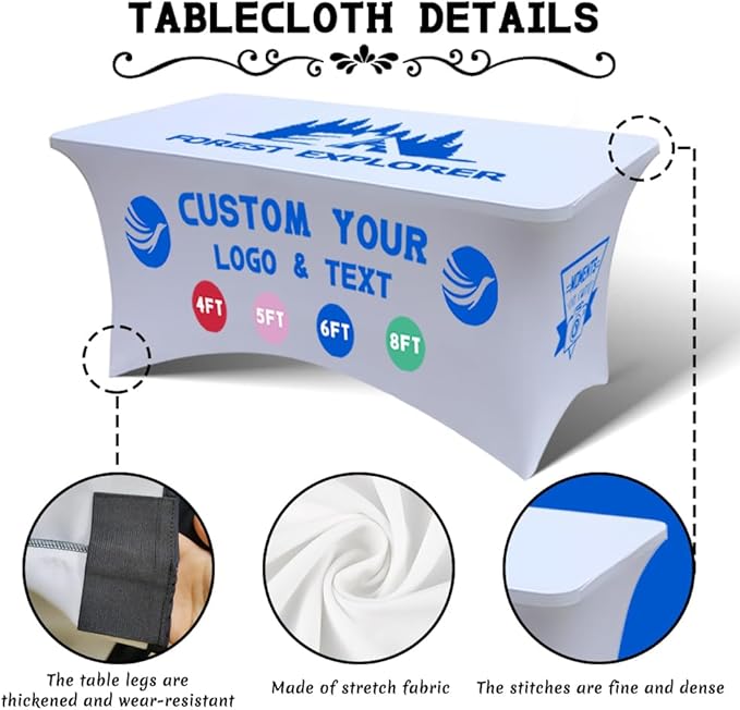 Personalized Table Cloth with Logo Image Customized Tablecloth 4FT/5FT/6FT/8FT Spandex Customized Table Cover Promotional Business Tradeshow Events Birthday Party Wedding (5FT Spandex(Open back))
