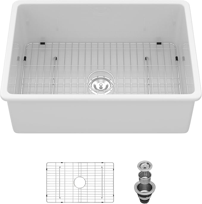 Sarlai 27 Inch White Undermount Sink Fireclay 27x19 Inch White Kitchen Sink Dual Drop in & Undermount Kitchen Sinks Single Bowl Deep Porcelain Ceramic Basin