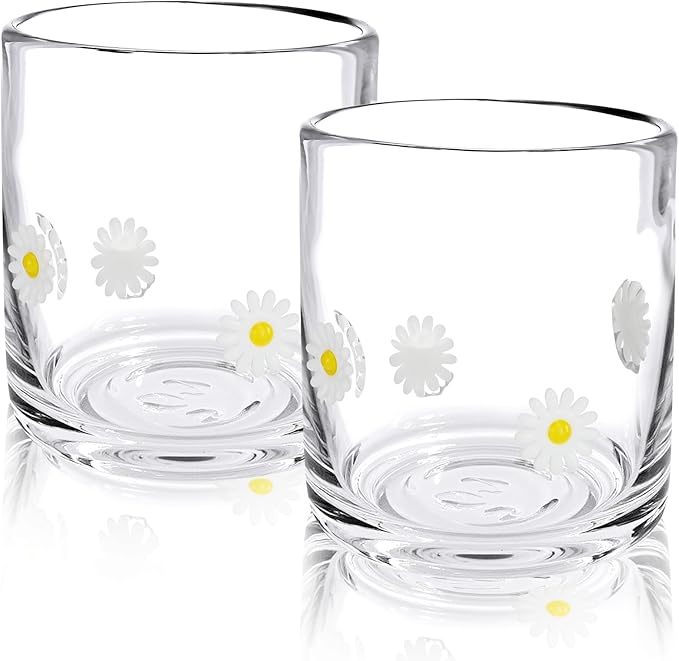 Icon Juice Glasses, 14oz Stemless Wine Drinking Juice Glass Cup for Valentine Party Supplies Gift(2 Pcs,Daisy)