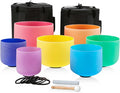 432HZ 6-12 Inch 7 Pcs Colored Frosted Crystal Singing Bowl Set for Meditation Healing Yoga Chakra Quartz Crystal Sound Bowls with Heavy Duty Carry Cases and Rubber Mallet,Suede Striker,O-rings