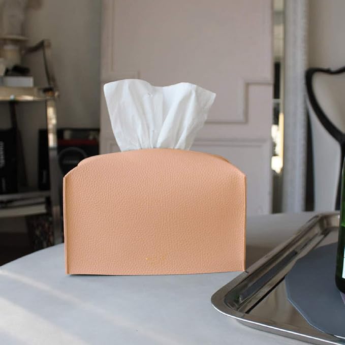 Carrotez Tissue Box Cover, [Refined] Modern PU Leather Rectangular Tissue Box Holder - Decorative Holder/Organizer for Bathroom Vanity Countertop, Night Stands, Office Desk 9.5"X5"X5" - Peach Pink