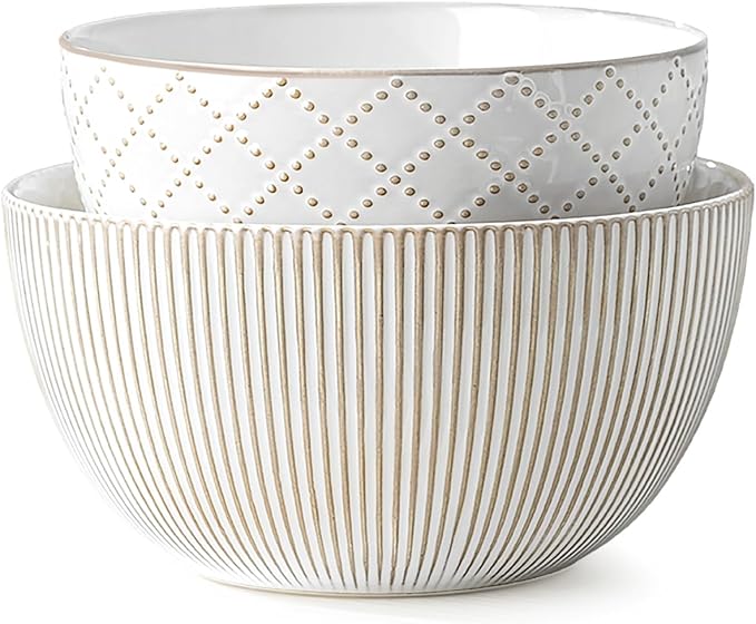 getstar Deep Ceramic Mixing Bowl Set of 2(8.7"/7.5"), 3&1.8 Qt Large Salad Serving Bowls Vintage Nesting Mixing Bowls for Cooking, Baking, Prepping, Microwave and Dishwasher Safe