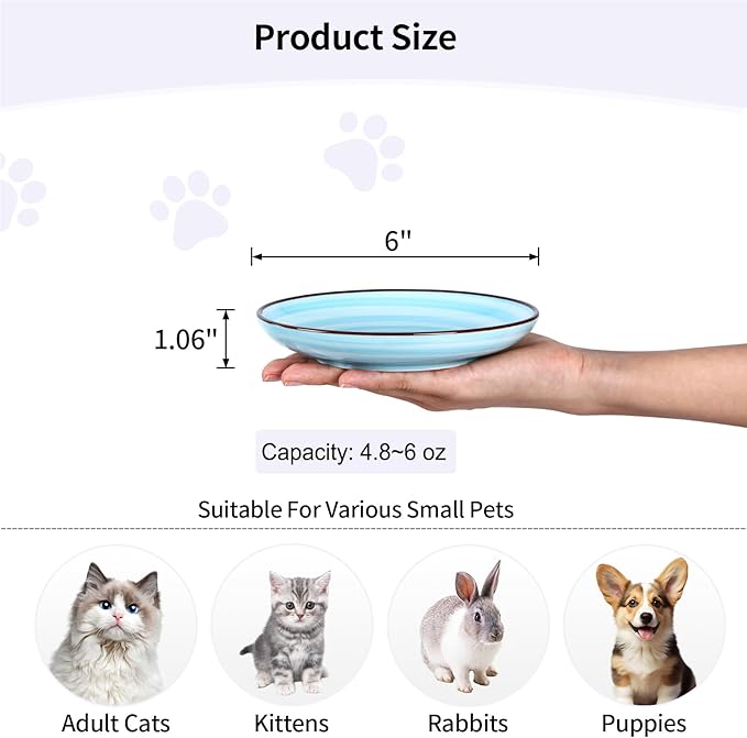 Selamica Ceramic Cat Bowls, 6 Inch Cat Food Bowl Whisker Friendly, Shallow Wide Kitten Plates for Food and Water, Set of 4, Gradient Blue