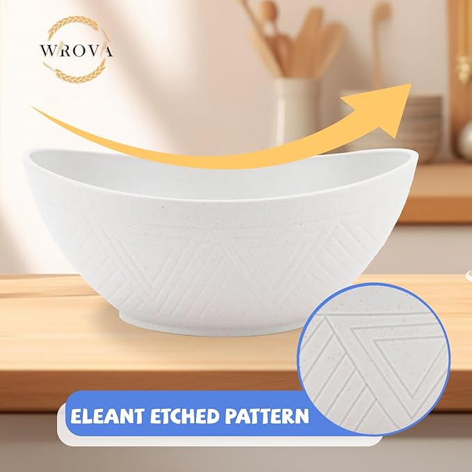 Wrova Wheat Straw Bowls Set of 2 with Textured Pattern,Unbreakable Large Salad Bowls,Plastic Bowls Dishwasher & Microwave,Sturdy and Stackable Kitchen Bowl Sets for Serving,Oatmeal.White