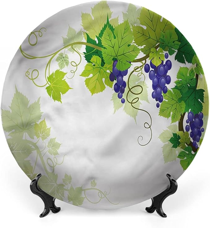 Decorative Plates, Vine Print Ornament, Grapes with Fresh Foliage, 10 Inch, Kitchen Wall Decor, Multicolor