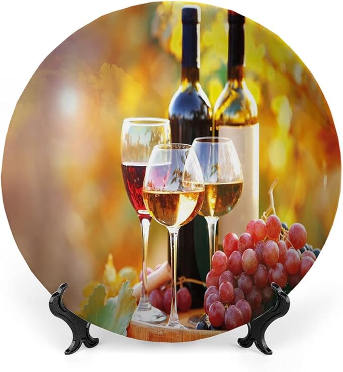 Decorative Plates, Wine Print Ornament, Tasty Wine on Wooden Barrel on Grape Plantation, 6 Inch, 1 Plate with 1 Display Stand, Orange Red Black