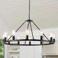 12-Light Wagon Wheel Chandelier, Farmhouse Dining Room Light Fixture, Black Round Rustic Chandeliers, Vintage Ceiling Hanging Pendant Light Fixture for Living Dining Room Bedroom Kitchen Foyer