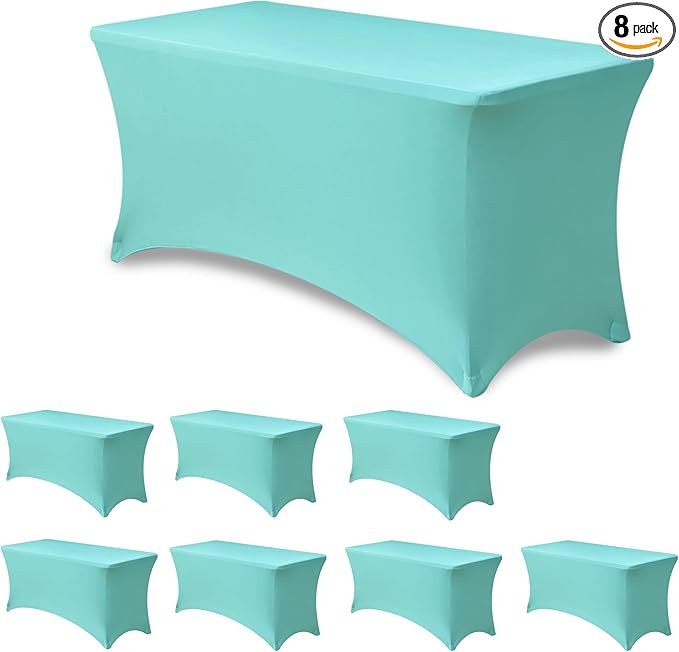 Stretch Table Cover for 4ft Rectangle Tables-8 Pack Aqua Blue Spandex Table Cloths with elastic-Folding Table for Party, Wedding, Vendor Booth Display, Banquet Buffet Event, Craft Trade Show