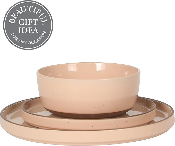 Gibson Elite Northrock Stoneware Dinnerware Set, 12-Piece Service for 4 Plates and Bowls Set – Pink Dishes with Hand-Painted Terracotta Base