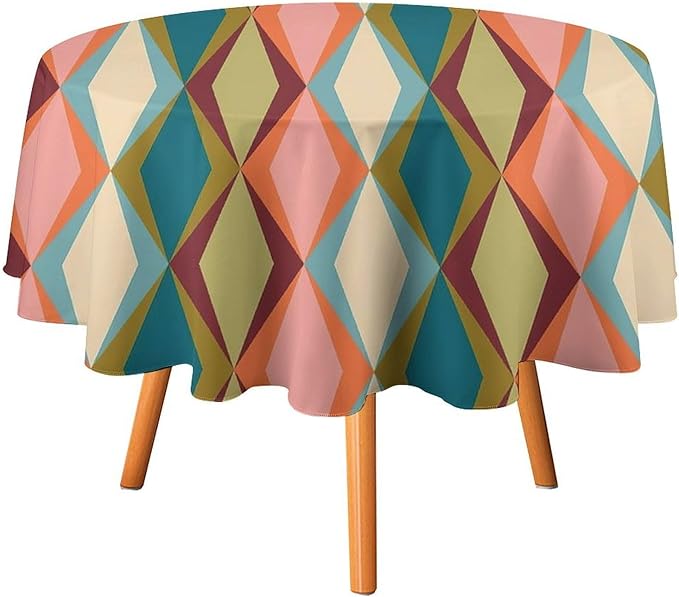 Abstract Geometric Boho Round Tablecloth, Retro Modern Mid Century Tablecloth for Home Party Dining Room Kitchen Decor 70Inch(178cm)