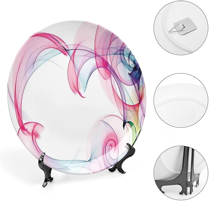 Decorative Plates, Abstract Decor Print Ornament, Colorful Smock Artwork Futuristic Decor, 10 Inch, 1 Plate with 1 Display Stand, Multy