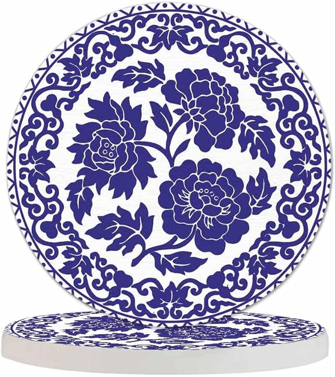 Blue Bouquet Cup Coasters for Table Polynesian Ornament Swirl Circle Totem Reusable Drink Coasters Set 2 Pcs Coffee Home Farmhouse Living Room Bar Decor