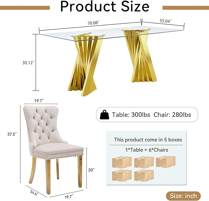 7 Piece Glass Dining Table Set,70" Dinner Room Glass Table Set for 6,Modern Kitchen Dinner Table Set with Stainless Steel Base and 6 Upholstered Velvet Dining Chairs for Living Dining Room