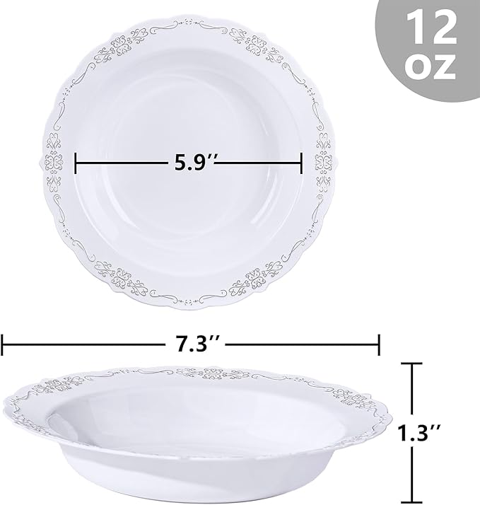 DaYammi 50 Pack Plastic Bowls with Silver Rim, 12oz Disposable Soup Bowls,Silver bowls Disposable Heavy Duty Dinner Bowl for Wedding,Plastic Serving bowls for Parties,Dinners,Catering and Everyday Use