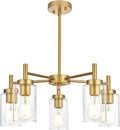 VINLUZ Retro Large Chandelier with Clear Glass Shade Metal Indoor Kitchen Island Pendant Lighting in Gold Finish Modern Light Fixture Hanging for Dining Room