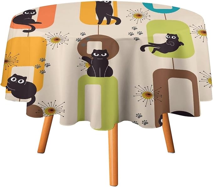 Bohemian Black Cat Round Tablecloth, Rustic Vintage Mid Century Geometric Tablecloth for Home Party Dining Room Kitchen Decor 60Inch(152cm)