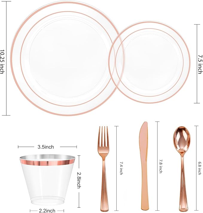 bUCLA 300PCS Rose Gold Plastic Dinnerware - Clear Dinnerware Set Disposable Include 50 Dinner Plates,50 Dessert Plates,50 Knives,50 Forks,50 Spoons,50 Cups for Party, Wedding & Valentines Day