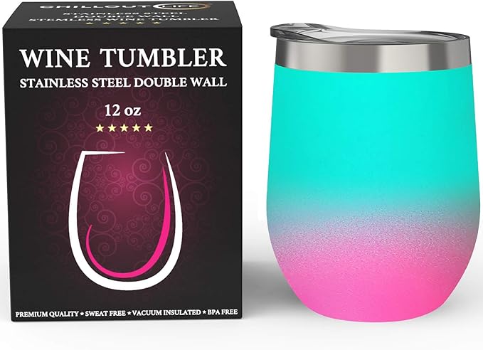 CHILLOUT LIFE 12 oz Stainless Steel Wine Tumbler with Lid - Double Wall Vacuum Insulated Wine Cup Glass Keeping Cold & Hot for Coffee, Champagne, Cocktails, Ice Cream - Powder Coated Aqua Blue/Pink