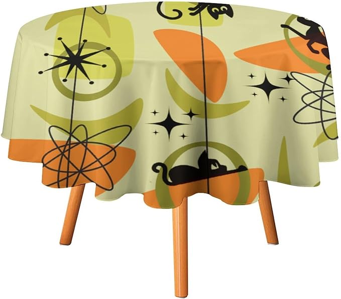 Mid Century Black Cat Round Tablecloth, Vintage Modern Bohemian Abstract Geometric Retro Art Tablecloth for Home Party Dining Room Kitchen Decor 60Inch(152cm)