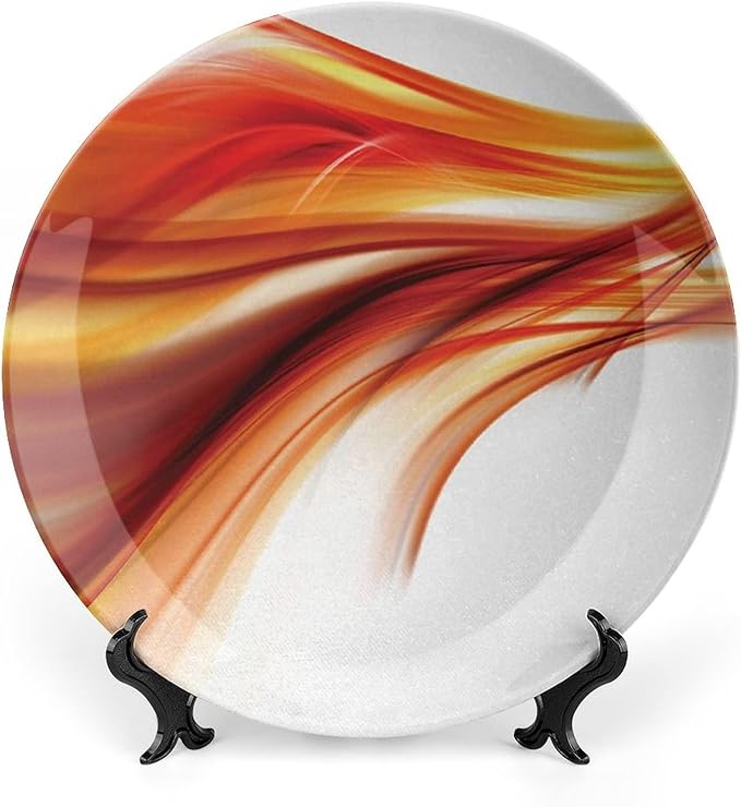 Decorative Plates, Abstract Print Ornament, Modern Smooth Lines Blurred Smock Art, 7 Inch, 1 Plate with 1 Display Stand, Orange Red