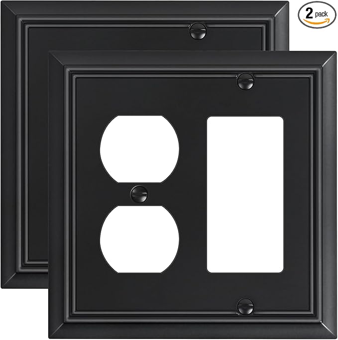 2-Pack Combo Duplex/Decorator Outlet Cover Plate, Black Decorative Switch Plates Covers, Durable Natural Bamboo Fiber Wall Plates for Electrical Outlets, Receptacle, GFCI Outlet, Dimmer Switch