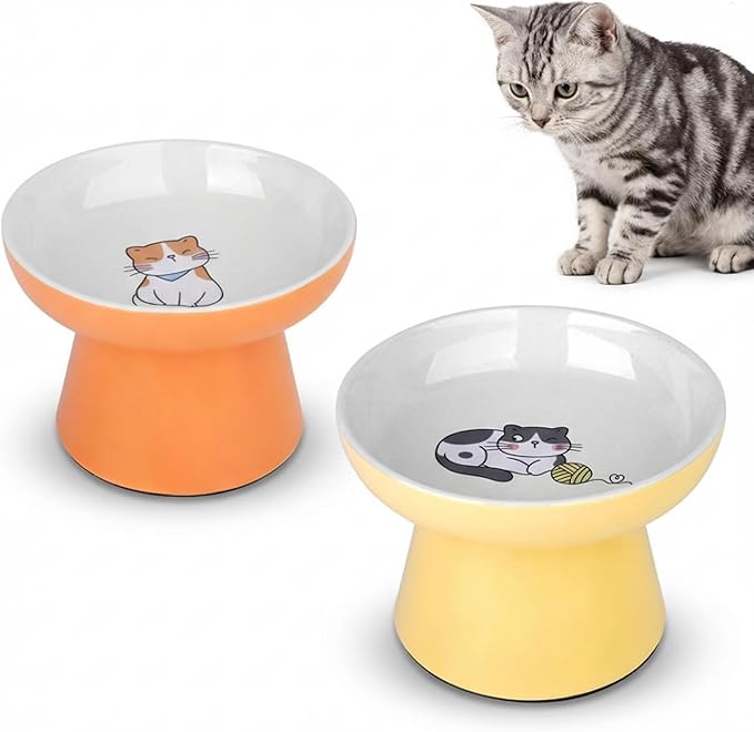 Elevated Cat Bowls,2 Pcs Ceramic Raised Cat Food Bowls with Non-Slip Base,Whisker-Friendly Shallow Design,Lead & Cadmium Free Pet Feeder,Dishwasher and Microwave Safe (Orange&Yellow)