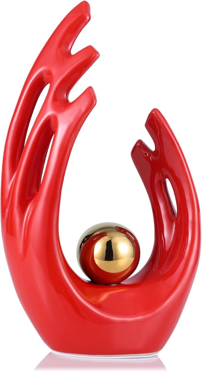 LCCCK 12" H Red Gold Aesthetic Room Decor Accent, TV Stand Funky Table Centerpiece, Abstract Art Ceramic Statue and Sculpture, Red Decor for Living Room, Bookshelf Decorative Objects, Shelf Decor