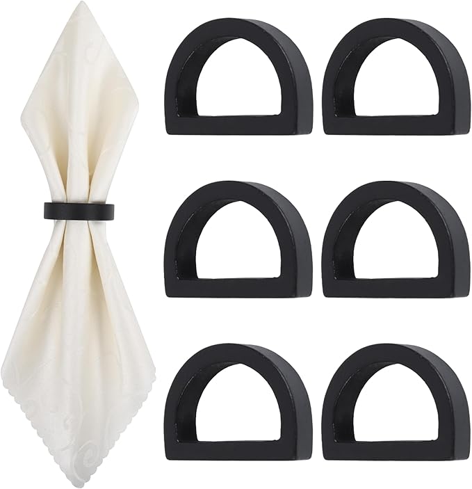 Yagoo Napkin Rings, Wooden Napkin Rings Set of 6, Handcrafted Wood Semicircle Napkin Holders for Table Decoration (Black)