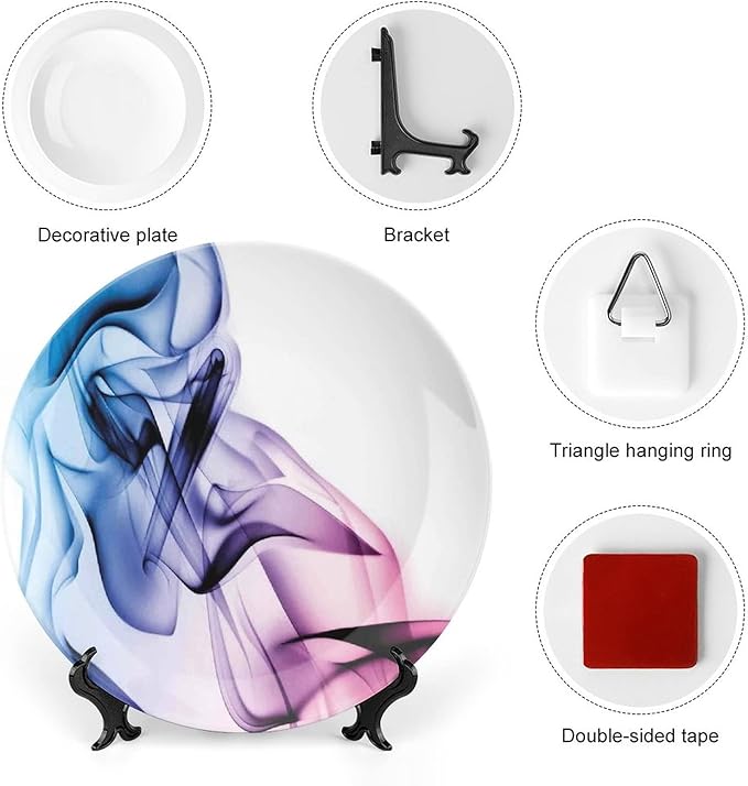 Decorative Plates, Abstract Decor Print Ornament, Colorful Smoke Dynamic Flow Swirl Contemporary, 7 Inch, 1 Plate with 1 Display Stand, Fuchsia Blue