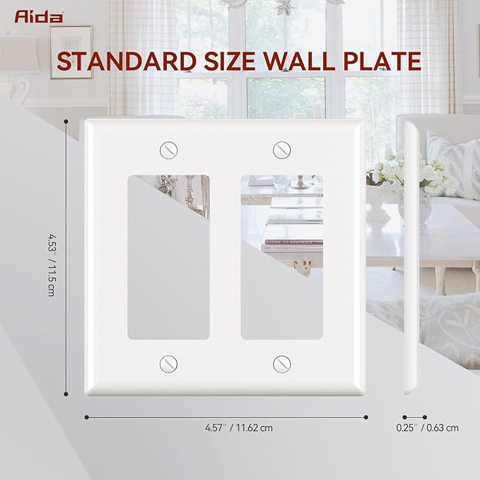 AIDA 2-Gang Decorative Wall Plates, Standard Size 4.53" H x 4.57" L, Unbreakable Thermoplastic, UL Listed - 4 Pack, Glossy White for Outlets & Switches