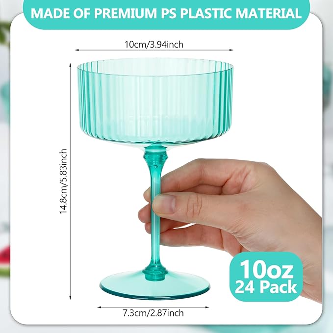 24 Pcs Ribbed Martini Glasses 10 oz Disposable Plastic Vintage Ribbed Coupe Glasses Unbreakable Dessert Parfait Glassware for Wedding Birthday Party Supplies (Light Green)