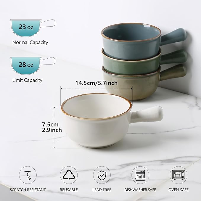 MONITO 28 Oz French Onion Soup Bowls, Ceramic Soup Bowls with Handles, Stackable Soup Crocks, Oven/Microwave/Dishwasher Safe, for Cereal, Soups, Casseroles