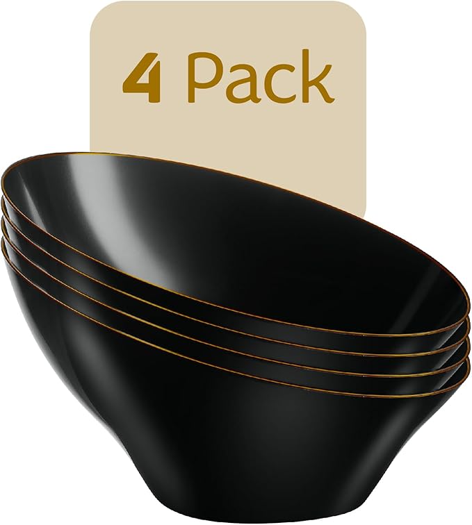 PLASTICPRO Angled Plastic Bowls Disposable Medium Plastic Black Serving Bowls with Gold Rim for Party for Appetizer Salads Pack of 4
