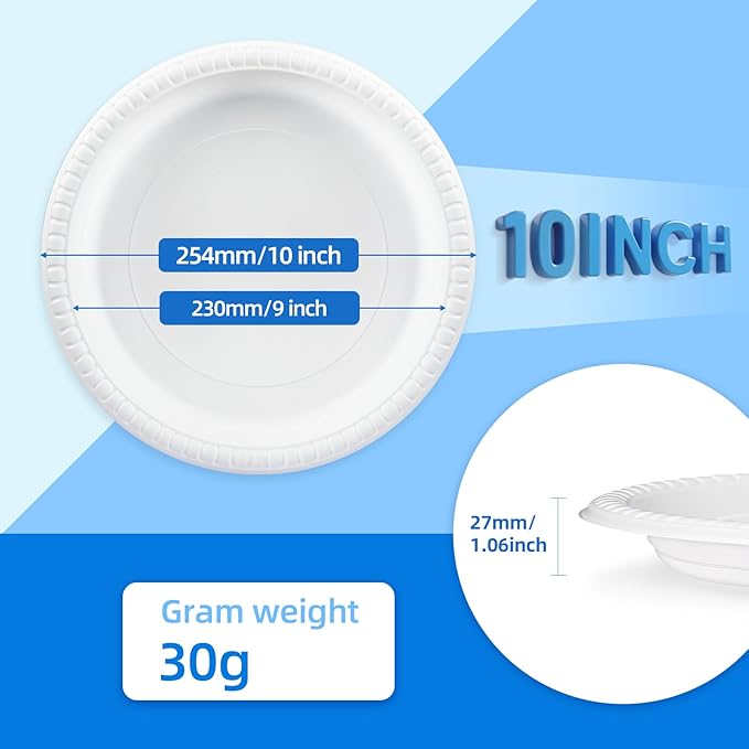 YANGRUI Plastic Plates Shrink Wrap 10" 150 Pack - Unbreakable Mineral Filled PP | BPA Free Commercial White Tray | Microwave Safe Freezer Ready | Reusable & Disposable Heavy Duty Bulk Party Plate