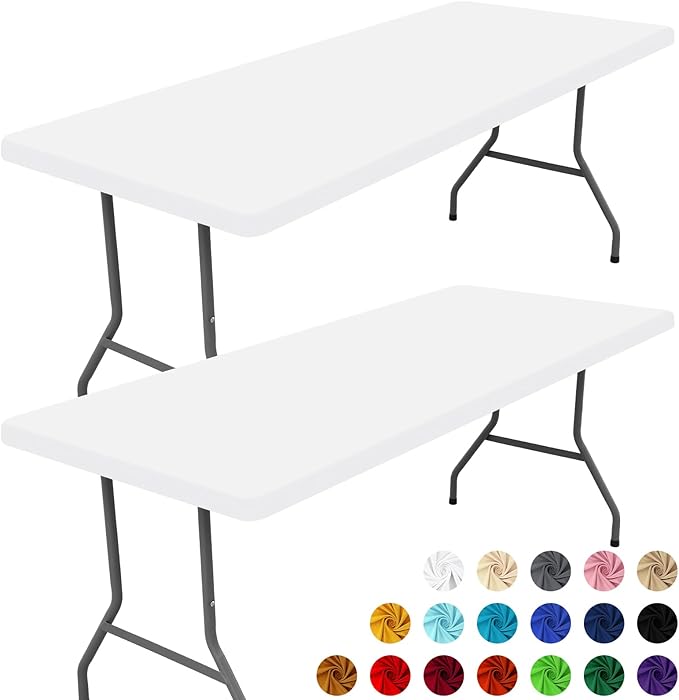 Spandex 6 Foot Rectangle Table Cloth 2 Pack, Elastic Fitted Tablecloths for Picnic, Stretch Washable Patio Table Cover for Outdoor, Camping, Banquet and Parties (White, 30"x72")