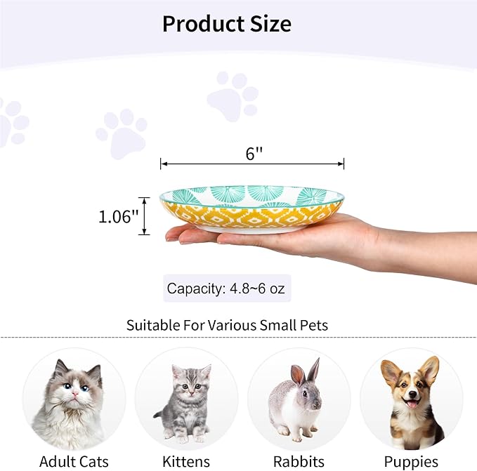 Selamica Ceramic Cat Bowls, 6 Inch Wide Shallow Cat Food Bowl for Relief Whisker Fatigue, Set of 6, Assorted Colors